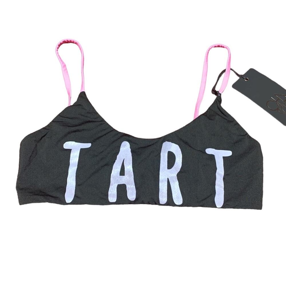 NWT 1Pc Chaser Tart Graphic Bikini Top Women Nylon Spandex Black Pink Medium